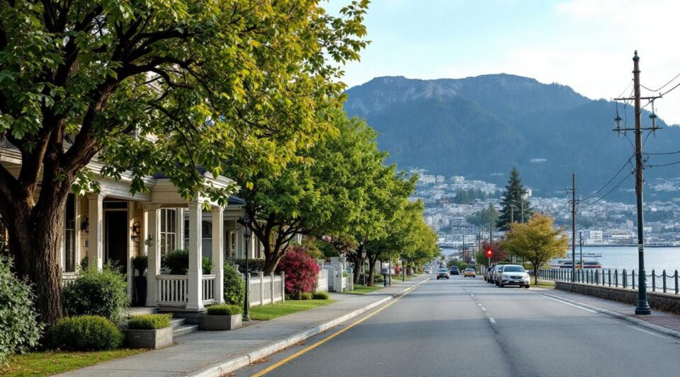 A wide cinematic view of a West Vancouver hillside property with mature Douglas firs overlooking the Burrard Inlet at dusk.