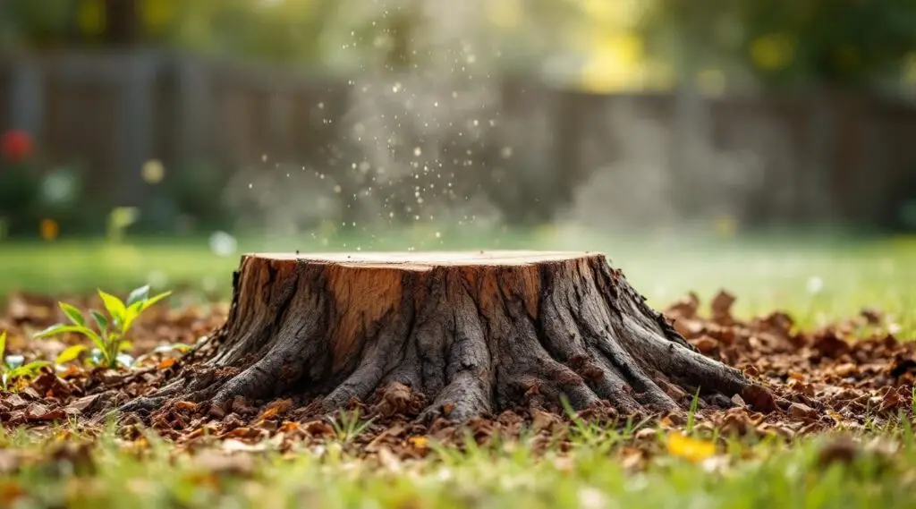 A close-up view of wood chips and mulch flying from a powerful stump grinder as it carves into a thick tree base.
