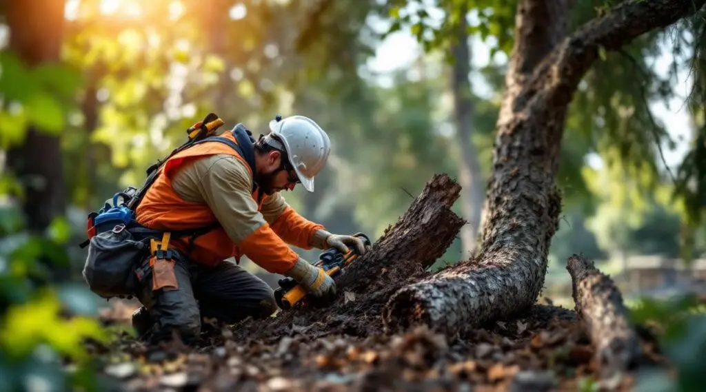 A wide-angle view of a professional tree crew removing a tall, dead evergreen tree near a commercial parking area.